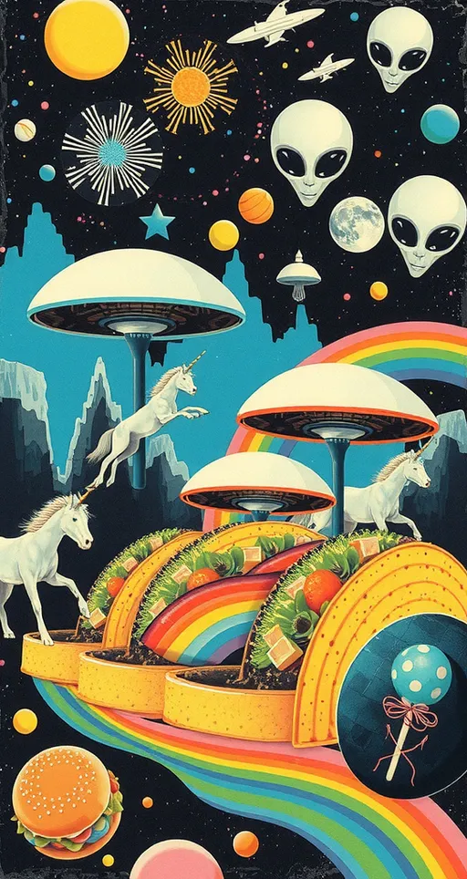Prompt: an analog retro vintage glitched 70s psychedelic collage, cut & paste, multimedia, photos, magazine, newsprint, optical illusions/psychedelic patterns, colorful, aliens, UFOs, outer space, meteors, planets, psychedelic mushrooms, trippy, sureal, weird, cats, unicorns, tacos, candy, crystals, rainbows, clouds, alien landscapes, cheeseburgers, lollipops, geometric shapes/patterns, bugs, dolphins jumping, 