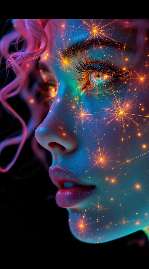 Prompt: Her face is a modular masterpiece—cheekbones traced with the shimmer of moonshine symmetry, every angle tuned to a hidden harmonic. Newton fractal veins glow faintly beneath translucent skin, shifting in color with each emotion. Her eyes burn with prime number fire, irises tiled in Penrose symmetry, blinking with curved light logic. Laughter echoes in Hilbert paths across her cheeks—space-filling joy spirals, soft and bright. Hair spills around her in radiant pink curls, styled by quasiperiodic forces and recursive wave equations—each strand flowing in luminous fractal tension. Geometry pulses at the hairline, recursive symbols glinting in neon mathdust. She is wrapped in hyperbolic aura-rings, layered in color-feedback like living topology, her presence refracting sacred math through joy, emotion, and colorfields.”

⸻

Visual Keywords:
Modular face symmetry, Newton glow skin, Penrose-tiled irises, Hilbert smile trails, pink recursive curls, fractal symbol halo, hyperbolic color aura, neon mathdust, prime fire eyes