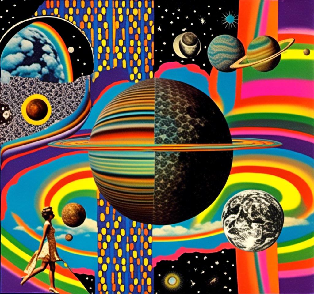 Prompt: A vintage 70s psychedelic collage with the theme “astral vacation”- incorporate themes of astral projection, the astral plane, the silver cord, use an astral brilliantly but sometimes muted opalescent color palette, & combine it all with planets, orbs, optical illusions and psychedelic trippy patterns, color spectrums as a surreal vintage psychedelic collage<mymodel>