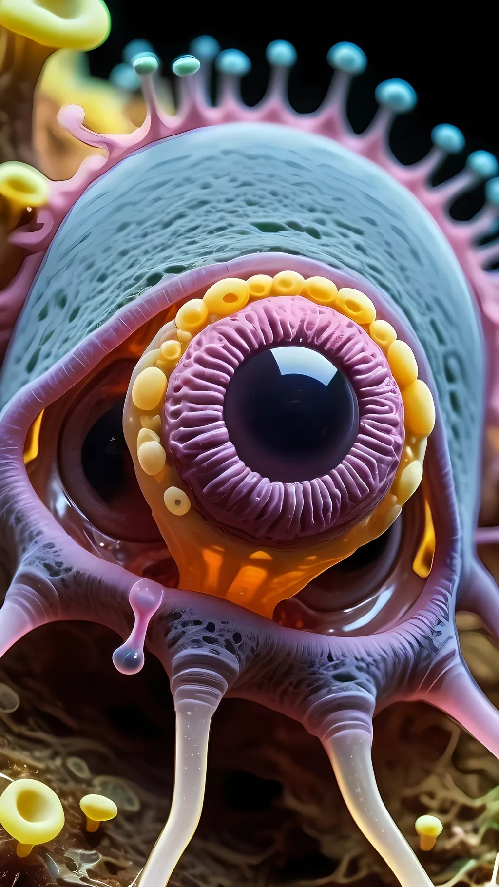 Prompt: A trippy extremely hyperrealistic psychedelic surreal slime mold creature, bright pastel colors and lots of light, lots of crazy trippy psychedelic human eyes, human teeth, EYES,FACE plasmodium, sporangium, sclerotium, amoeboid cells, fruiting body, spores, cytoplasmic streaming, cellular slime molds, acellular slime molds, aggregation, pseudoplasmodium, stalk, capillitium, myxamoebae, chemotaxis, phagocytosis, sporulation, germination, protoplasmic network, vegetative phase, reproductive phase, swarm cells, hyphae, peridium, columella, hypothallus, sporangia, sporocarps, trophozoite, encystment. 
