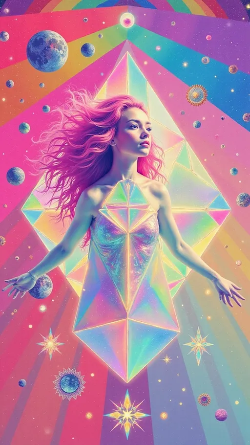 Prompt: A hyperdimensional light-being centered around a radiant rhombic dodecahedron, its crystalline facets alive with refracted rainbow light, floating in an astral void. Each face of the polyhedron channels iridescent filaments into expanding Penrose tilings, recursive golden spirals, and kaleidoscopic fractal rings. The geometry breathes with cosmic intelligence, a divine mechanism of sacred ratios and multidimensional flow. Within and around this structure, a faint feminine echo—slim, long wild pink curls—dissolves into light, barely perceptible, like a myth embedded in sacred code. The being’s presence is more vibration than form, integrated seamlessly into a mesh of rainbow circuits and holographic sacred motifs. Rendered in the surreal, textured style of La Planète Sauvage, with matte cel-shading, inked outlines, and organic dream-logic. The background features floating glyph-machines, metaphysical bioforms, and celestial glyphs orbiting in symbolic silence. Oil-slick iridescence ripples across all surfaces, accentuated with analog film grain. A visionary fusion of sacred geometry and surreal astral symbolism, where humanity exists only as a residual harmonic inside divine architecture.
— style: Cosmic Surrealism + La Planète Sauvage
— sacred geometry: Primary motif
— human reflection: Minimal archetypal trace
— oil-slick iridescence: Active
— analog grain: On
— chaotic surreal forms: Mild background presence