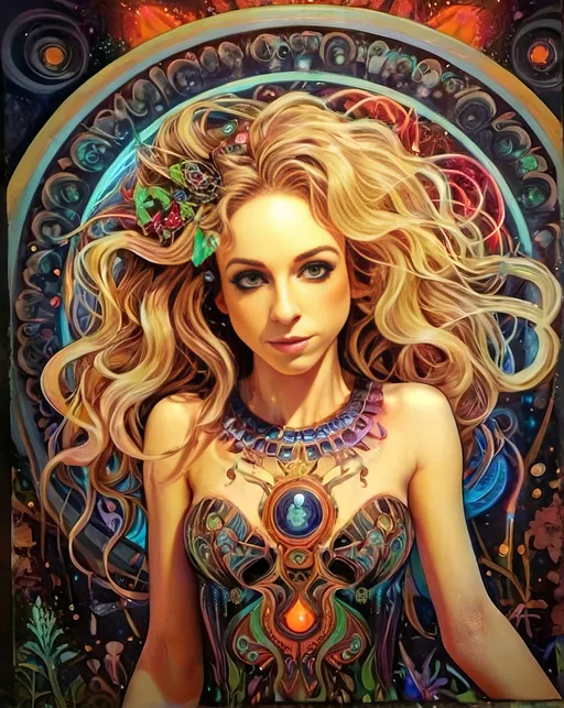 Prompt: 4k, ultra-detailed, psychedelic, trippy, bright colors, vivid, black light poster, girl with longish blond curly hair, psychedelic magic mushrooms, trippy hallucinations, optical illusions, patterns, crystals, moss, forest, moon, geometry fractals, vibrant colors, detailed hair, surreal, vibrant lighting