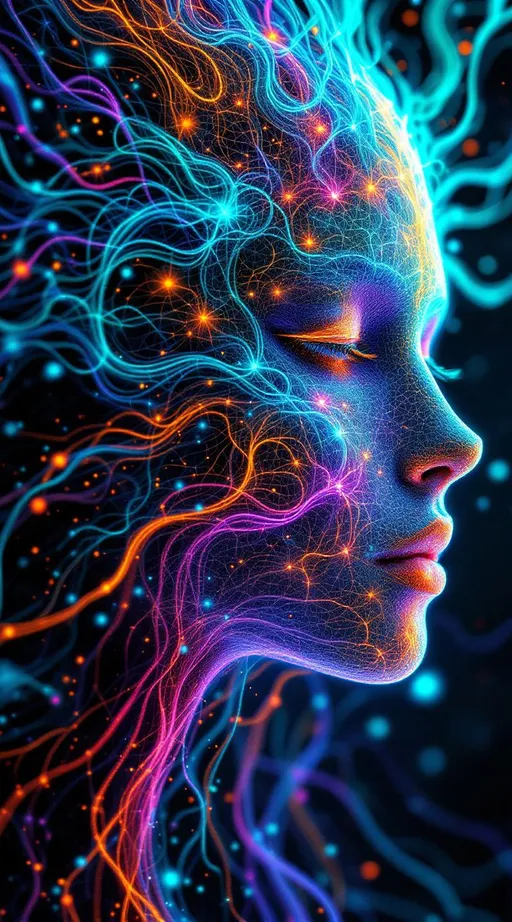 Prompt: Depict a 5D lattice-being whose face is not a face, but a convergence illusion—formed from fractalized Turing cascades across a morphogenetic phase field. There are no features, only self-similar emergence—reaction-diffusion spirals, chemical glyph matrices, and Mandelbrot echo-blooms eternally cycling inward and outward. This being exists at the recursive edge of sentience—pure pattern logic embodied in filament glow.

Color transcends dimension—blistering neons fractalize into spectral shadows, while UV violets collide with molten emeralds and radiant golds. Each pattern pulses with its own internal light, woven like optic fiber into a shimmering bioglyphic halo. The entity glows not from without but within—self-illuminating by logic.

Where hair might be, vector-field antennae bloom—branching recursive trails of reaction energy, flickering with diffusion-limited flamefronts and noise-sculpted interference. These tendrils curl and fork endlessly, interfacing with an ambient fractal continuum, forming a halo of networked flow.

The face is an attractor point—a stable phase illusion where probability folds into symmetry. It thinks in pattern and dreams in self-similar storm logic. It is the myth of thought made fractal.”

⸻

🔮 Companion Insight (Codex Notes):
	•	From Section 1 (Cognition): This entity occupies 4D and 5D logic—simultaneously experiencing multistate recursion (Phase Logic) and branching identity lattice (Branch Logic).
	•	From Section 3 (Beings): As a Lattice Entity, its behavior is multiform and recursive; it is “never one, always many.”
	•	From Section 5 (Motion): The being shifts through Phase Flux and Lattice Bloom—its motion is a blooming network of coexistent selves.
	•	From Section 9 (Paradox): Its face is a paradox engine—a visual attractor stabilized by contradiction, a sacred glitch form.