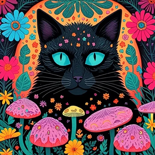 Prompt: <mymodel>Black cat surrounded by mushrooms and flowers, mixed media, detailed fur with intricate patterns, vibrant and surreal, high quality, mixed media, whimsical, vibrant colors, atmospheric lighting, detailed eyes, professional, surreal, detailed mushrooms and flowers, artistic, highres