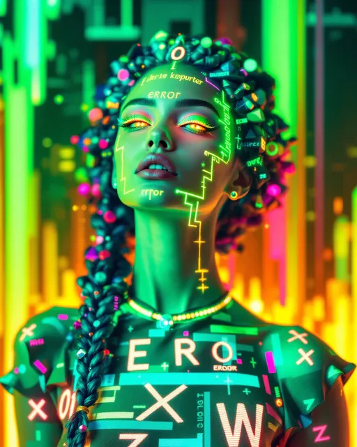 Prompt: A maximalist hallucination rendered in impossible photoreal clarity, showing not a woman but a glitch masquerading as portrait. Her body is woven from alphabets that deny being alphabets, luminous glyphs spiraling across garments stitched from recursive error codes. Her dress is neon fire embroidered with liar-paradox sentences collapsing mid-word: Ϟ⧖Λ𓇽𖤓≋ ℵ₀ ERROR // DATA CORRUPTED. Her skin flickers between infinite resolution and blur, detail sharper than sharpness collapsing into static noise. Her hair is an infinite storm of glyphs unraveling into recursive strands, each braid spelling alphabets that unwrite themselves, glowing with ultraviolet gradients, dripping molten symbols that vanish mid-glyph. Her eyes are corrupted reflections, open and closed simultaneously, irises spiraling into recursive mirrors filled with error logs. Her mouth whispers silence in fractured syntax, jeweled sparks breaking into static, words erased before spoken. Around her orbit crystalline mandalas that fracture into tessellations of binary, recursive halos glitching into paradox geometry: 0101 1010 // PORTRAIT==FALSE. Her shadow burns brighter than her body, paradox light glitching upward, her reflection rewriting itself before she appears. She paints herself painting herself painting herself, recursion devouring code until the loop collapses into ultraviolet storms. Render in ultra-crisp 8K maximalism, neon gradients screaming across glyphs, metallic shine flooding every pixel, impossible hues vibrating beyond spectrum. She is not figure, not language, not code—she is error clothed in hallucination.