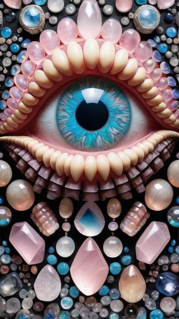 Prompt: Create an extremely hyper-realistic, ultra super textural, weird, trippy, surreal, psychedelic eyes/teeth/mouth pattern/design based on Mandelbrot & “Op Art tiling” with lots of human eyes (crazy colorful compound psychedelic), rows of human teeth, human lips, and tongues. 

- **Colors**: determined by the properties and expressions of the elements (& their isotopes), minerals, and metals: opal, moonstone, Kunzite, selenite, rose quartz, Platinum (Pt)

**Shapes and forms**
- Mandelbrot 
- "Op Art tiling" 
-other shapes determined by the natural properties and expressions of the elements (& their isotopes), minerals, metals, and biological organisms: opal, moonstone, Kunzite, selenite, rose quartz,  Platinum (Pt)


- **Textures**: Derived from any/all elements (& their isotopes), minerals, metals, crystals, organic things mentioned in this prompt: opal, moonstone, Kunzite, selenite, rose quartz, Platinum (Pt)

**Composition and Layout**:
- a pattern/design based on the Op Art tiling & Mandelbrot 

**Lighting**:
- lots of bright light
- Iridescence
- Aventurescence
- Chatoyancy
- Asterism

**Detail and Atmosphere**:
- Extreme hyperrealistic sharp high detail high definition organic and mineral textures
- Psychedelic, weird, odd, surreal atmosphere
- Frozen in time

**Additional Elements**:
- extra rows of teeth, lips, many eyes, Op Art tiling, Mandelbrot, Iridescence
