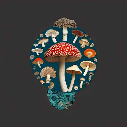 Prompt: <mymodel>A psychedelic surreal collage featuring spliced and edited photos of MUSHROOMS, fungus of all kinds (mushroom, psilocybe cubensis, turkeytail, bracket fungi shelf fungi, stinkhorn, herecium, fungal, mycelium). On soychedelic patterns/optical illusions. fleshing this image out will be geometric shapes, trippy psychedelic patterns/optical illusions, mountainous/surreal/alien landscapes, and more