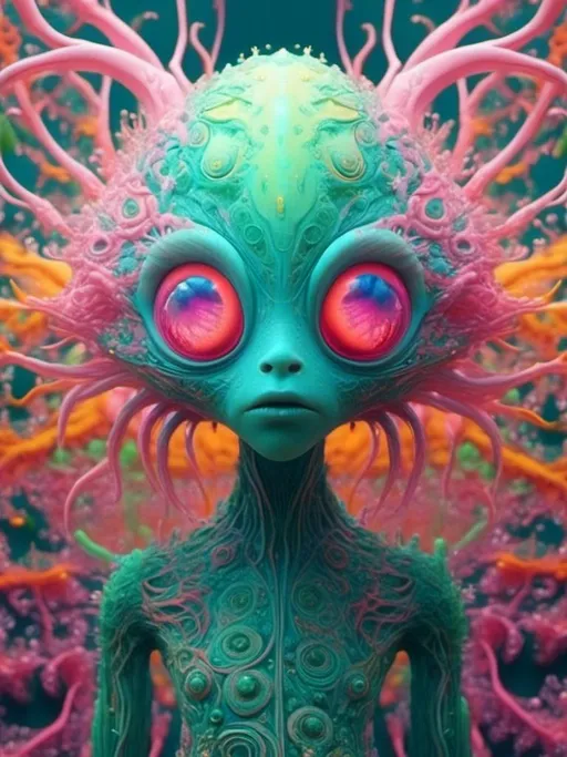 Prompt: <mymodel>an extremely hyper realistic super textural psychedelic entity/creature, trippy, weird, surreal, fractals, multidimensional geometric shapes, eyes, human teeth, lots of light, bright pastel colors, luminous, glowing, extremely textural, pinks, greens, oranges, yellows