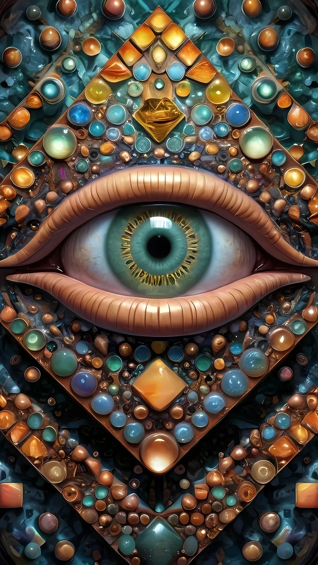 Prompt: Create an extremely hyper-realistic, ultra super textural, weird, trippy, surreal, psychedelic eyes/teeth/mouth pattern/design based on “metatron’s Cube” with lots of human eyes (crazy colorful compound psychedelic), rows of human teeth, human lips, and tongues. 

- **Colors**: determined by the properties and expressions of the elements (& their isotopes), minerals, and metals: Nickel (Ni), Aventurine, Chrysoberyl

**Shapes and forms**
- “Metatron's Cube”
-other shapes determined by the natural properties and expressions of the elements (& their isotopes), minerals, metals, and biological organisms: diatoms, Nickel (Ni), Aventurine, Chrysoberyl


- **Textures**: Derived from any/all elements (& their isotopes), minerals, metals, crystals, organic things mentioned in this prompt: “Metatron's Cube” Nickel (Ni), Aventurine, Chrysoberyl

**Composition and Layout**:
- a pattern/design based on the “Metatron's Cube”

**Lighting**lots and lots of bright shining reflective light
- Trichroism


**Detail and Atmosphere**:
- Extreme hyperrealistic sharp high detail high definition organic and mineral textures
- Psychedelic, weird, odd, surreal atmosphere
- Frozen in time

**Additional Elements**:
- extra rows of teeth, lips, many eyes, diatoms, “Metatron's Cube” , Aventurescence, Chatoyancy
