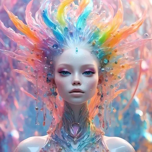 Prompt: <mymodel>beautiful female sentient rainbow entity with silver, opalescent, iridescent, bismuth crystals, rainbow oil slick sheen effect, white, translucent, bright pastel colors, lots of light, 