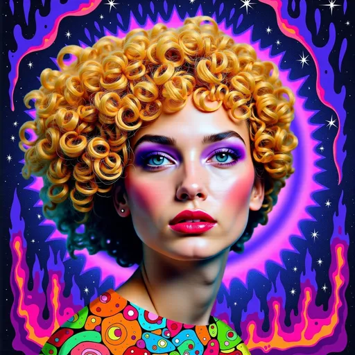 Prompt: 
A radiant Caucasian woman with untamed, spiraling blond curls that twist and morph into fractal patterns, glowing with vibrant, hallucinatory hues—electric blues, neon greens, and ultraviolet purples. Her hair becomes a living tapestry of sacred geometry and infinite mandalas, pulsating with the rhythm of a cosmic heartbeat. Her face is illuminated by a divine, otherworldly glow, her eyes reflecting hyperspace itself—swirling galaxies, alien landscapes, and shimmering, liquid lightforms. The background is an explosion of psychedelic ecstasy: a vortex of infinite dimensions, morphing with DMT-like intensity into crystalline patterns, organic tendrils, and cascading rivers of molten color. The scene feels alive, as if the boundaries between her and the universe dissolve, revealing the interconnectedness of all things. The atmosphere radiates transcendence, the merging of inner and outer realities, and the infinite possibilities of consciousness.
