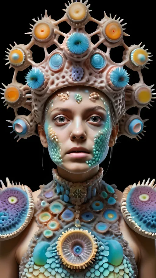 Prompt: Extremely hyperrealistic ultra textural trippy surreal beautiful but odd unsettling psychedelic creature- a psychedelic diatomaceous creature entity queen crown jewelry cape with lots of crazy psychedelic human compound eyes, rows upon rows of human teeth.  head, face, body, limbs, fungus, Mandelbrot, oil slick rainbow sheen effect, holographic, hologram, translucent, vivid colors white, tons and tons of light, bright pastel colors, Gyroid Structures. Diatoms: bacillariophyta, siliceous, valves, girdle bands, raphe, striae, puncta, areolae, costae, rimoportula, fultoportula, chloroplasts, auxospore, epitheca, hypotheca, mucilage, frustule symmetry, valve morphology, pennate diatoms, centric diatoms, motile, non-motile, biofilm, epiphytic, epilithic, epipsammic, biogenic silica, diatomaceous earth, primary producers, carbon fixation, biogeochemical cycles, diatom blooms, paleoecology, nanostructures, microalgae, environmental indicators, aquatic ecosystems. geometric, symmetrical, radial, bilateral, elongated, circular, triangular, oval, star-shaped, pennate, centric, intricate, lattice-like, perforated, silica, frustules, ornate, microscopic, diverse, varied, delicate, transparent, golden-brown, pillbox-shaped, chain-forming, solitary, colonial, planktonic, benthic,