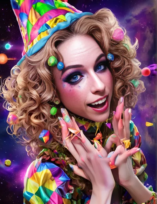 Prompt: Psychedelic hyperrealism of a female cosmic jester, long blond curly hair, vibrant psychedelic jester hat and attire and makeup, hallucinations, psilocybin, merry prankster of multidimensional geometry, tesseracts, hypercubes, trippy, highres, hyperrealism, cosmic, vibrant colors, hallucinatory, detailed makeup and attire, multidimensional, psychedelic