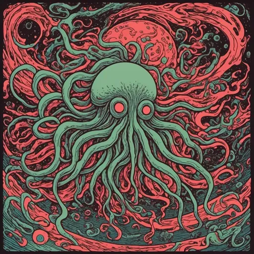 Prompt: <mymodel>Azathoth, a creation of H.P. Lovecraft, is often depicted as a mindless, chaotic entity. Imagine a vast, swirling mass of darkness and chaos at the center of the universe, surrounded by a cacophony of discordant, maddening sounds. It is an amorphous, ever-changing form, with no definite shape or structure, exuding an aura of pure, primal chaos. Azathoth is typically illustrated as a terrifying, formless void, with grotesque, writhing appendages and a presence that evokes sheer cosmic horror.