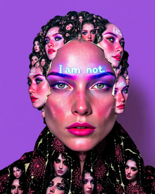 Prompt: A maximalist, hyper-saturated portrait of a clothed paradox empress shown from shoulders upward, her torso visible but modestly covered in fractal fabrics. She is literally built from faces: dozens, hundreds, an architecture of visages layered, tiled, and peeling across flesh. Primary face frontal and hyper-crisp, yet its surface peels open into smaller faces; each cheek contains a tiny portrait, every eyelash sprouts an eye that contains another tiny face, mouths nested like Russian dolls. Some faces are masks adhered and being removed, some are portraits painting portraits, some are mirrors reflecting faces that deny their reflections. Faces tile into Penrose mosaics, faces spiral into Mandelbrot clusters, faces fracture into Cantor dust and then re-emerge as new faces. Each face both affirms and denies itself: inscriptions across brows read “I am not” in glowing glyphs, then dissolve into truth statements that self-erasure cancels. Eyes across her skin blink asynchronously—open and closed at once—creating a temporal paradox; smiles bloom and then retract mid-pixel. Hair is a crown of fractal tendrils that weave faces into strands: Möbius masks, Klein-bottle visages, Fibonacci coils of tiny mouths singing silence. Mathematical sigils and equations pulse through countenances: Euler chrome flashes, ζ(s) waves across foreheads, Gödel glyphs tracing the outlines of cheekbones. The whole is acid-neon maximalism: molten magenta, radioactive green, ultraviolet cyan, searing gold, glittering chrome gradients, dazzling sparkle and lens-flare dust. Background is Escherian: staircases of faces rising and falling, mirrors reflecting mirrors of faces that do not exist yet. Render ultra-crisp 8K photoreal detail for central face while allowing cascading faces and textures to devolve into fractal hallucination—paradox, multiplicity, recursion, and denial embodied in one many-faced goddess.
