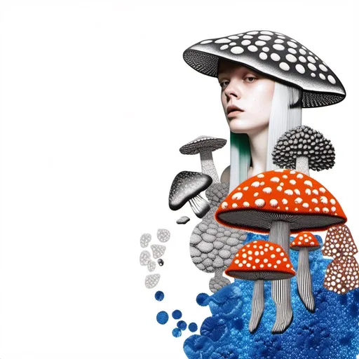 Prompt: a mixed media collage of a girl wearing or growing mushrooms/fungus as clothing body parts and accessories. She is a black and white or halftone photograph, the mushrooms and fungal growths are to be mixed media, including but not limited to paint, enamel, foils, glitter, sparkle, sequins, found objects, natural items, rhinestones etc <mymodel>