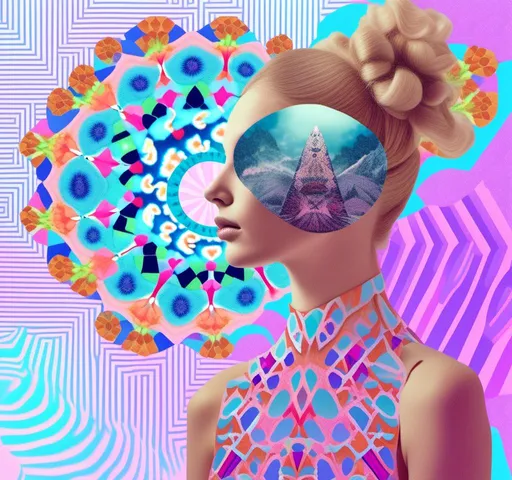 Prompt: a psychedelic collage reminiscent of 70s psychedelic sci fi collage artwork celebrating a girl on mushrooms. It is to feature a photograph of a woman with blond curly hair that is edited by splicing it with other images from photographs, magazines, newspapers, illustrations/paintings to create the impression she is high on magic mushrooms. The work will include such elements as a psychedelic 3rd eye open, stars and planets, trippy optical illusions and patterns, psilocybin cubensis mushrooms, fractals, UFOs, aliens, geometric shapes, auras, rainbow spectrums, sacred geometry, trippy drippy stuff, psychedelic hallucinations, open eyes, landscapes of astral worlds<mymodel>