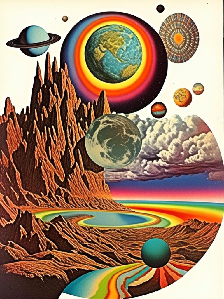 Prompt: A vintage 70s psychedelic collage with the theme “astral vacation”- incorporate themes of astral projection, the astral plane, the silver cord, use an astral brilliantly but sometimes muted opalescent color palette, & combine it all with planets, orbs, optical illusions and psychedelic trippy patterns, color spectrums as a surreal vintage psychedelic collage<mymodel>