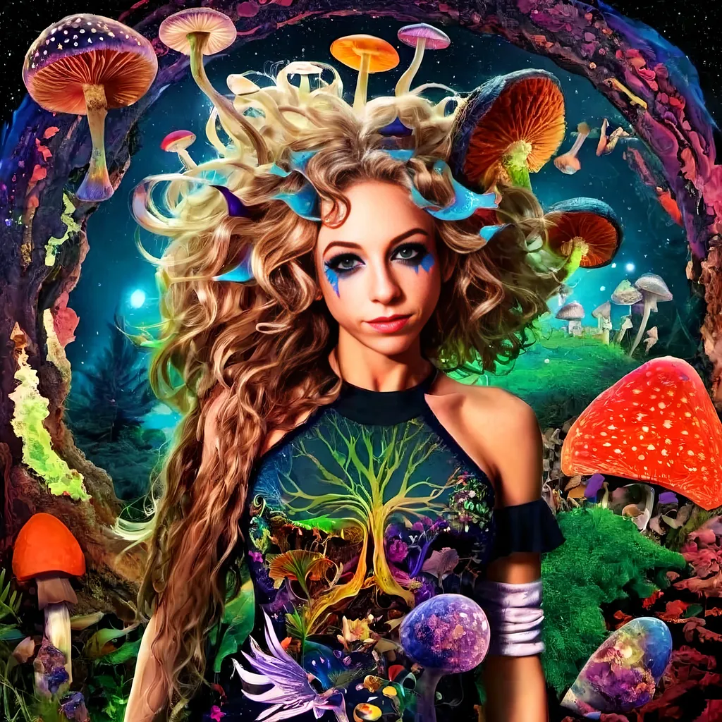 Prompt: A psychedelic trippy bright colorful vivid black light poster illustration of a girl with longish blond curly hair, with psychedelic magic mushrooms, trippy hallucinations, optical illusions and patterns, crystals, moss, forest, moon, geometry fractals