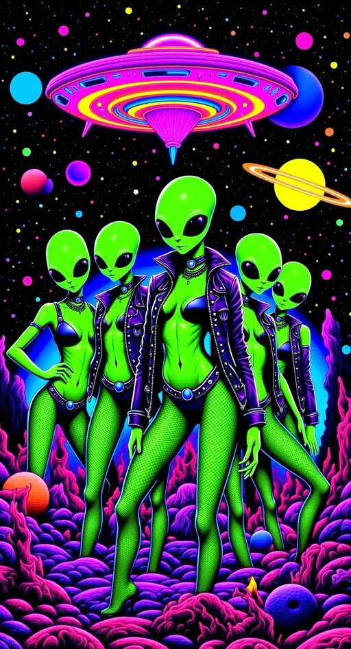 Prompt: **Space Hos - AI Art Prompt**

Create a totally glitched out artwork featuring the phrase "Space Hos" in a bold, sassy, girly futuristic tech font. The scene is populated by multiple striking green-skinned alien females, each exuding attitude and confidence. They are dressed in avant-garde high fashion with a futuristic edge, showcasing an array of intricate accessories that highlight their alien allure.

Each alien boasts a slightly conical-shaped bald head and large, almond-shaped black eyes, adding to their enigmatic charm. They pose with sass and poise, making a statement in the cosmic landscape.

Incorporate a vibrant UFO in the background, teeming with colorful lights that illuminate the scene. The setting is a bustling outer space landscape, complete with an alien planet, swirling asteroids, and cosmic phenomena. Alien glyphs are seamlessly integrated into the design, adding a mysterious layer.

The entire composition is busy and detailed, with every inch filled with tiny elements that captivate the viewer's attention. From the smallest star to the grandest asteroid, the scene is a masterpiece of cosmic chaos and extraterrestrial elegance. Finish it off with lots of different types of computer glitches/noise/data/computer screen effects