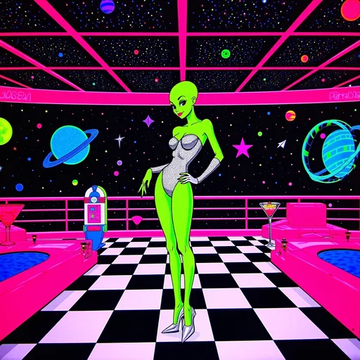 Prompt: A glamorous bald alien pin-up lounges on the open-air deck of a retrofuturistic UFO bar, styled in a vivid cartoonish retro pop aesthetic. She has vivid green skin, and large solid black almond-shaped eyes. Her body is fashion doll-perfect, wrapped in a sparkling chrome strapless romper paired with silver high heels and metallic arm cuffs. She stands confidently on a black-and-white checkered floor that extends to the edge of the open deck, where the cosmos yawns wide—outer space fully visible in the background, with glittering constellations, candy-colored planets, pastel nebulas, and floating asteroids casting soft holo-glows. Inside the lounge, the décor is pure atomic-age space camp: vinyl booths shaped like crescent moons, planet chandeliers, a rocket-shaped jukebox, neon signs for “Cosmic Cocktails,” and orbiting martini glasses that hover midair. Chrome finishes and pastel lighting bathe the entire scene in analog sparkle, blending 1950s glam with deep-space dazzle in a dreamy outer space skyline.