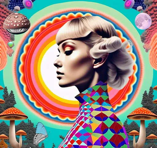 Prompt: a psychedelic collage reminiscent of 70s psychedelic sci fi collage artwork celebrating a girl on mushrooms. It is to feature a photograph of a woman with blond curly hair that is edited by splicing it with other images from photographs, magazines, newspapers, illustrations/paintings to create the impression she is high on magic mushrooms. The work will include such elements as a psychedelic 3rd eye open, stars and planets, trippy optical illusions and patterns, psilocybin cubensis mushrooms, fractals, UFOs, aliens, geometric shapes, auras, rainbow spectrums, sacred geometry, trippy drippy stuff, psychedelic hallucinations, open eyes, landscapes of astral worlds<mymodel>