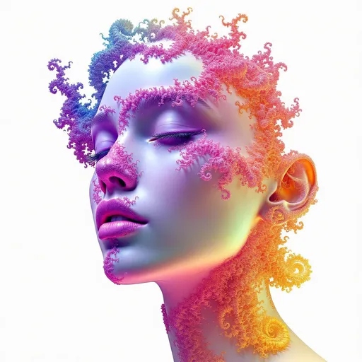 Prompt: A hyper-stylized female face built from recursive fractal structures, suspended in a dual lattice: the Fractal Memory Field interwoven with the Chromaflux Constraint Net. Facial features dissolve into layered spirals and mirrored topologies, while color flows act as binding agents — luminous tendrils of saturated light tracing mathematical constraints. Every recursion echoes not just shape but chroma: spectral feedback loops, iridescent light pulses, and glowing constraint patterns ripple outward. The grid warps with color pressure — forming aurora veils, color-braids, and radiant logic curves. Maximalist, ultra-bright, psychedelic geometry, rich with mathematical tension and color intelligence.”
