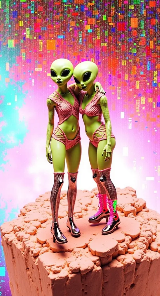 Prompt: Create an image of two female aliens, each with green skin, conical shaped bald heads, and large solid black almond shaped eyes, playfully side hugging on a rugged asteroid in space. Both are dressed in tight, shimmering crop tops with fishnet sleeves and short shorts, exuding a fun and carefree vibe. One alien is wearing knee-high boots with metallic accents, while the other sports ankle boots with bright neon laces. Their arms are wrapped around each other, and they are laughing, showcasing their playful friendship. The cosmic background is filled with stars and distant galaxies, but the entire scene is infused with digital chaos. Glitches ripple across the image, with pixelated distortions and colorful digital noise creating a dynamic, otherworldly atmosphere. The asteroid and their forms seem to flicker and shift, as if caught in a digital transmission error.