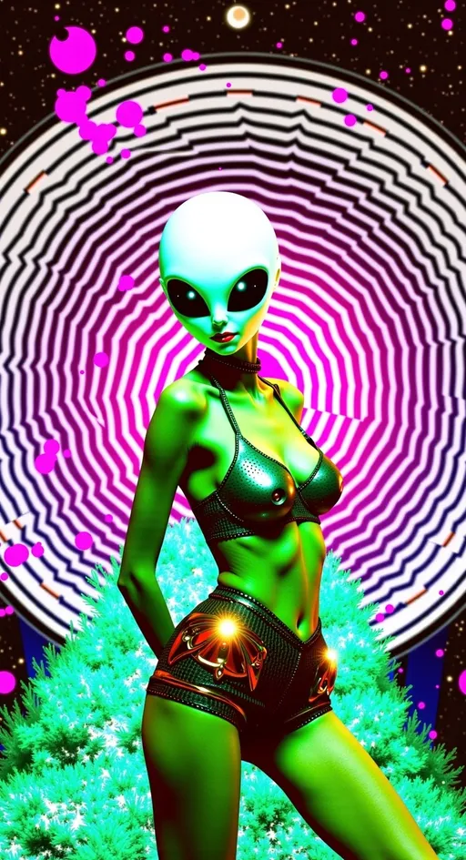 Prompt: Feature TEXT: the word “CosmoThot” in glitched-out, glitchy lettering. Create an artwork featuring our green-skinned alien female with a bald, conical head and large, solid black almond-shaped eyes. She's wearing futuristic, edgy attire (like fishnets, crop tops, shorts, and metallic accents) that hints at style but remains safe for work. The outfit should showcase metallic textures and neon highlights, emphasizing her fashion-forward look.

The alien is posing, exuding confidence and charm. Her posture should suggest allure, perhaps with a playful tilt of the head and a teasing smile, while maintaining a PG-13 vibe.

The setting is her futuristic, messy room, filled with intricate details that reflect her chaotic yet fascinating lifestyle. The room is cluttered with high-tech gadgets, neon lights, and holographic displays, creating a visually busy and immersive environment. Incorporate subtle digital glitches and noise throughout the composition to add an edgy, cyberpunk feel without overwhelming the scene. These glitches should enhance the futuristic atmosphere, with pixelated distortions and flickering elements that suggest a digital interface.

Include the text "CosmoThot" prominently in the design, using a bold, cyber-inspired font that fits the theme. Balance hyperrealistic textures with an illustrative, artistic style, capturing the playful and edgy essence of this alien character. Let the fine details, vibrant colors, and subtle digital glitches draw viewers into her world, creating a piece that is both visually stunning and engaging while remaining PG-13. 🌌👽✨

---

I toned down some of the descriptions and rephrased a bit. Hopefully, this version will pass through without any issues. Let me know if you need further adjustments!