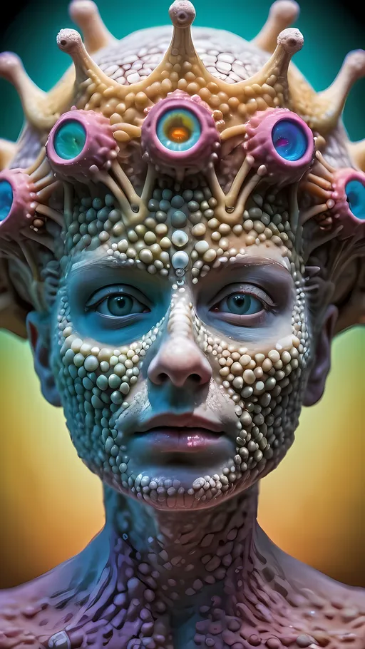 Prompt: Extremely hyperrealistic ultra textural trippy surreal beautiful but odd unsettling psychedelic creature- a psychedelic diatomaceous creature entity queen crown with lots of crazy psychedelic human compound eyes, rows upon rows of human teeth.  head, face, body, limbs, fungus, Mandelbrot, oil slick rainbow sheen effect, holographic, hologram, translucent, vivid colors white, tons and tons of light, bright pastel colors, Gyroid Structures. Diatoms: bacillariophyta, siliceous, valves, girdle bands, raphe, striae, puncta, areolae, costae, rimoportula, fultoportula, chloroplasts, auxospore, epitheca, hypotheca, mucilage, frustule symmetry, valve morphology, pennate diatoms, centric diatoms, motile, non-motile, biofilm, epiphytic, epilithic, epipsammic, biogenic silica, diatomaceous earth, primary producers, carbon fixation, biogeochemical cycles, diatom blooms, paleoecology, nanostructures, microalgae, environmental indicators, aquatic ecosystems. geometric, symmetrical, radial, bilateral, elongated, circular, triangular, oval, star-shaped, pennate, centric, intricate, lattice-like, perforated, silica, frustules, ornate, microscopic, diverse, varied, delicate, transparent, golden-brown, pillbox-shaped, chain-forming, solitary, colonial, planktonic, benthic,