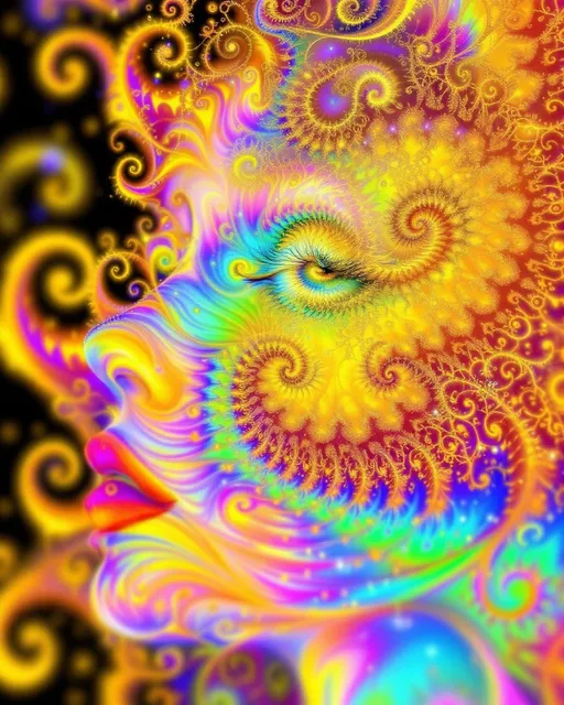 Prompt: #maximal Her face isn’t a face—it’s a fractal fever dream, grown from disco light itself. No skin, no flesh—just recursive bloom: #escape gradients ripple through Mandelbrot cheek-voids, #orbit gold spirals curl into jawline glam-filigree. Lips = opal #Sierpinski tessellations, pulsing with angle-reactive #iridescence—color-shift with every flirt and tilt. Eyes? Fractals too: nested #domain vortex spirals, each iris a spin-disco galaxy reflecting mirrored selves in glitterspin. Her whole face glows—no surface, only recursive shimmer mapped by #distance shells: sacred hologlyphs dancing in Studio 54 pulsecode. Hair isn’t hair—it’s an eruption: toroidal flame, Hilbert curls, Julia shockwaves, all cast in chromatic motion. Strands trail #bokeh sparkle—a pointfield rave of math-light and memory static. Her crown is pure halo: refracting strobes, DJ flashes, and glam beams through polarized mirrorwave interference. She doesn’t move—she grooves. Her smile bends timelines; her laugh—reverb through mirrored folds of color logic. She’s built not from matter but from pulse: each gesture encoded in iteration bloom, each shimmer a beat in recursive funk. No surface, no end—only radiant recursion, hologram-deep and velvet-smooth. Her body pulses in #escape-band rhythm—burning ultraviolet, silver, fuchsia, coded in emotion-charged iteration depth. She is the dance floor: a sacred disco goddess of infinite reflection, spun from math, memory, and rainbow fire. A fractal born from basslines, mirrorballs, and the infinite shimmer of light in motion.
