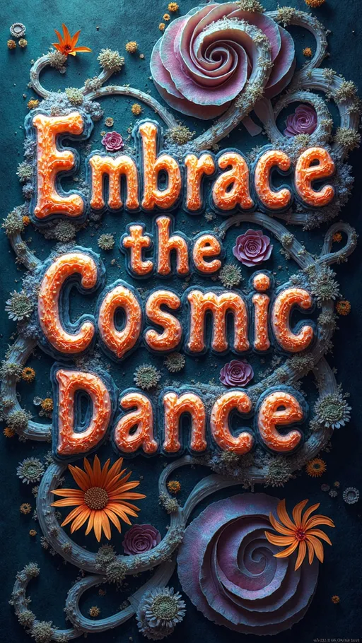 Prompt: "An extremely super hyperrealistic trippy weird surreal odd artwork featuring the phrase 'Embrace the Cosmic Dance' as the central element. 

The text itself is intricately woven into a vibrant tapestry of swirling fractal patterns, each letter morphing and flowing in harmony with the surrounding designs. These fractals, inspired by the Fibonacci sequence, spiral outward, creating a sense of infinite motion and interconnectedness.

The letters are composed of shimmering, iridescent colors that shift and change as if alive, reflecting the dynamic energy of the universe. They appear to be carved from a combination of crystalline structures and organic forms, with facets catching the light and adding depth and dimension to the scene.

Surrounding the text are elements from the natural world, such as Cladonia cristatella (British Soldier Lichen), Rhizopus stolonifer (Bread Mold), and Alectoria sarmentosa (Witch's Hair). These natural forms seem to grow and intertwine with the letters, their delicate structures adding texture and complexity to the artwork.

In the background, ethereal trails and webs of light represent quantum phenomena such as Quantum Entanglement and Quantum Foam. These trails weave through the fractals and text, symbolizing the unseen forces and connections that underpin reality.

Crystals and minerals such as Amethyst, Pyrite, and Fluorite are embedded throughout the scene, their vibrant hues and unique structures complementing the organic flow of the fractals and patterns. These elements add a touch of natural beauty and grounding to the ethereal landscape.

This artwork invites viewers to 'Embrace the Cosmic Dance,' encouraging them to immerse themselves in the surreal landscape and explore the infinite possibilities of the mind, with the text serving as both a focal point and a guide in this trippy, interconnected universe."