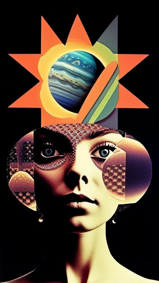 Prompt: a vintage 70s surreal psychedelic collage featuring a photograph of a young woman - it has a vintage 70s surreal science fiction art house feel to it. The photograph is cut out and edited into a collage made up of other photographs and art and feature things such as eyes, psychedelic third eyes, planets and stars, desert alien landscapes and mountains, psychedelic trippy patterns and optical illusions, psychedelic mushrooms, cats, UFOs, etc all mixed up together to create a surreal psychedelic collage effect<mymodel>