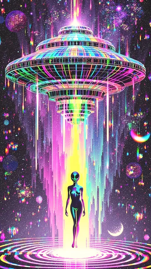 Prompt: Create a vibrant and surreal scene in the style of pop Art Nouveau, characterized by intricate and ornate details. The centerpiece is a silvery metallic UFO with a holographic sheen, hovering majestically in the cosmic expanse. It's adorned with an array of glowing, multicolored lights that pulse rhythmically. From its base, a luminous beam of light cascades downward, illuminating the scene below.

In the center of this beam stands a female alien, her skin a vivid shade of green. She has a distinctive large conical head and striking solid black almond-shaped eyes that exude an aura of mystery and wisdom. Her features are rendered in an extremely hyperrealistic yet illustrative manner, blending artistic elegance with lifelike precision.

The background is a kaleidoscope of psychedelic patterns, swirling with vivid colors and intricate designs. The sky is dotted with distant planets, twinkling stars, and celestial phenomena, creating an otherworldly tapestry. The design is busy, filled with tiny, intricate details that invite the viewer to explore every corner of the artwork.

Incorporate various glitch effects to add a modern, digital twist to the scene. Use types like pixel sorting, datamoshing, RGB shift, glitch art overlays, and circuit bending. These glitches should weave seamlessly into the Art Nouveau style, enhancing the overall complexity and depth of the piece. The result is a mesmerizing fusion of classic elegance and contemporary digital chaos, captivating and immersive.