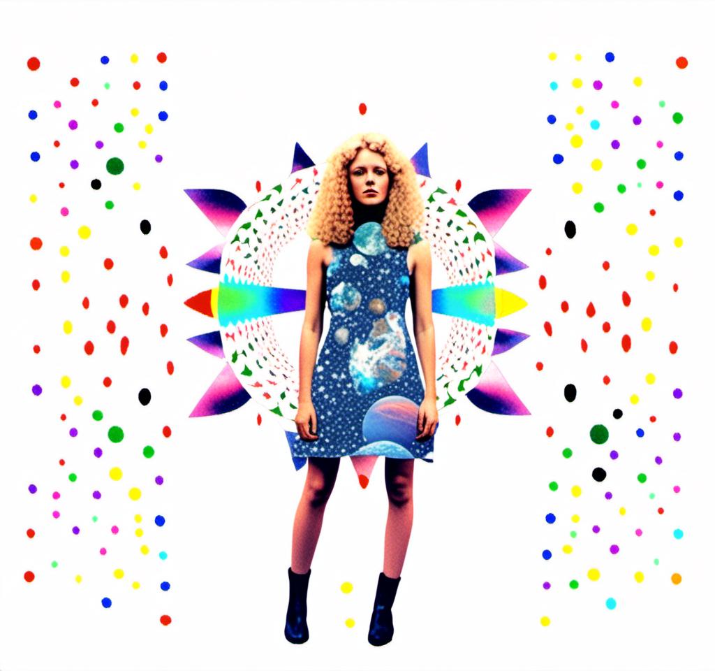 Prompt: A psychedelic collage featuring a photograph of a woman with blond curly long hair. The photo is cut and spliced with other photos and drawings of aliens, UFOs, rainbow spectrums are erupting from places, planets, stars, landscapes, and sparkles set amidst optical illusions of all kinds in geometric shapes giving an otherworldly surreal bizarre ufo alien effect to this psychedelic collage <mymodel>