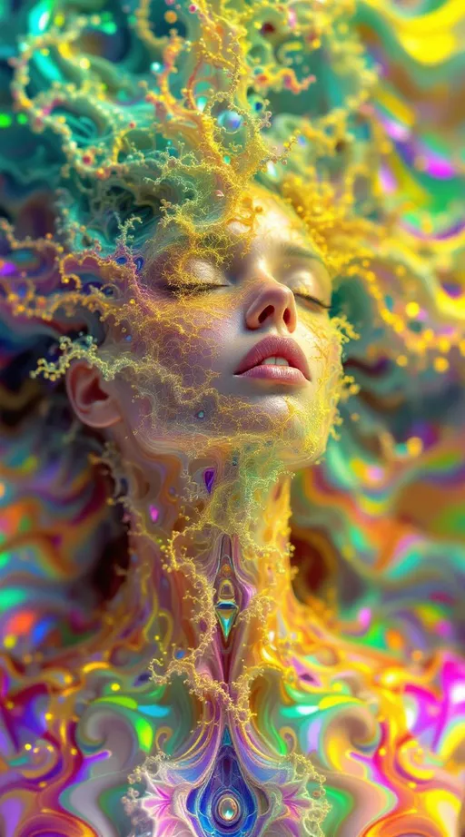 Prompt: Render a female fractal entity composed of recursive rainbow geometries, her form constantly blooming and collapsing in kaleidoscopic layers. Her body is a living Mandelbrot cascade, each limb fractally subdividing into glimmering shards of rainbow light. She is born of a holofractal disco-dimension where space curves like a spinning mirror-ball and time spirals in recursive loops, echoing to the eternal pulse of a 1970s Studio 54 beat. Her skin refracts time, glittering with every possible moment reflected infinitely across crystalline facets. The background is a hyperdimensional disco fractal, merging Euclidean and curved holographic symmetries. Clothing is recursive: iridescent patterns of hexagonal tiling resembling Menger sponges, animated by syncopated light pulses.”