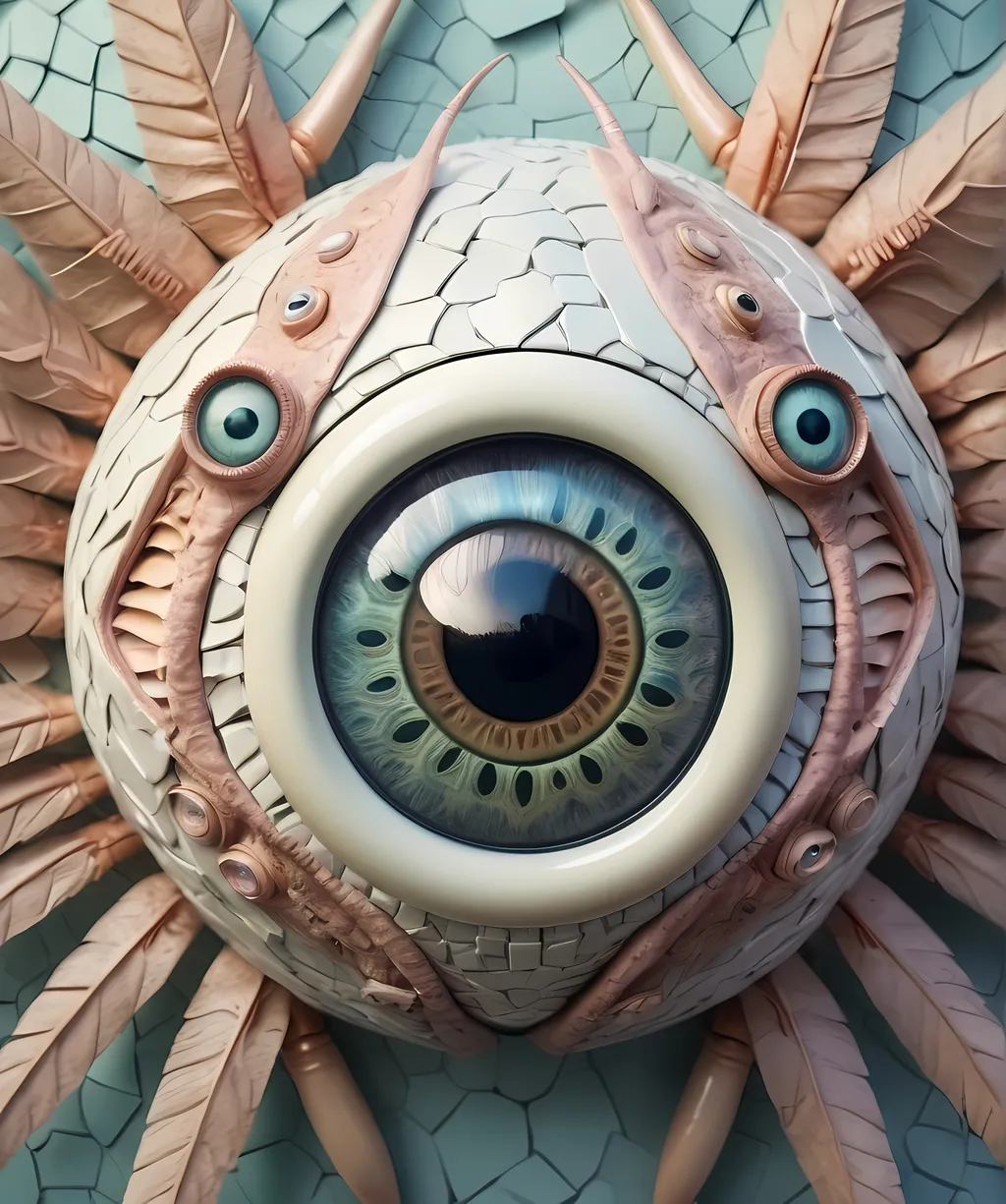 Prompt: A surreal extremely hyper realistic super textural psychedelic geometric eyeball creature with leather or insect wings, pastel light colors,  lots of crazy trippy psychedelic human eyes, human teeth, organic and mechanical, multidimensional, weird surreal unsettling odd