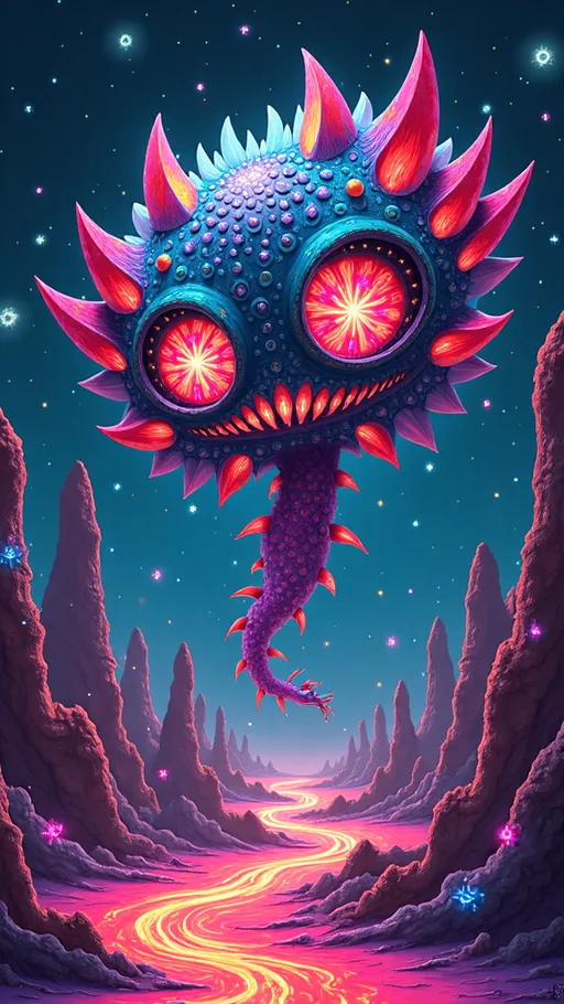 Prompt: Imagine an extraordinary, surreal entity thriving in a whimsical landscape painted in vibrant neon hues—think electric pinks, acid greens, and deep purples. This entity has a face resembling a swirling nebula, with eyes that are kaleidoscopic whirlpools, each reflecting a riot of colors and patterns that seem to pulse with energy. Its mouth is adorned with jagged, crystalline teeth, each one a unique geometric shape radiating iridescent light. The skin of the entity features a mesmerizing mosaic of tessellated patterns in contrasting colors, creating a dynamic visual tapestry that shifts as it moves.

Surrounding the entity is a halo of glowing, bioluminescent orbs that float like playful fireflies, their colors shifting from electric blue to fluorescent orange. Interspersed among these orbs are vibrant fractals that spiral and twist, adding an element of chaotic beauty. The ground is a fantastical terrain of swirling, molten colors resembling a psychedelic lava flow, dotted with luminous fungi that emit an otherworldly glow.

Natural elements include spiraling vines of bright turquoise and shocking yellow, intertwining with the entity, while fantastical flowers bloom in outrageous shapes and colors, their petals shimmering like holograms. Above, the sky is a swirling canvas of ultraviolet clouds, interspersed with twinkling stars that pulse in rhythm with the entity’s heartbeat.

This whimsical scene invites the viewer to plunge into a world where color and form defy the ordinary, celebrating the bizarre and the beautiful in a kaleidoscopic dance of imagination.