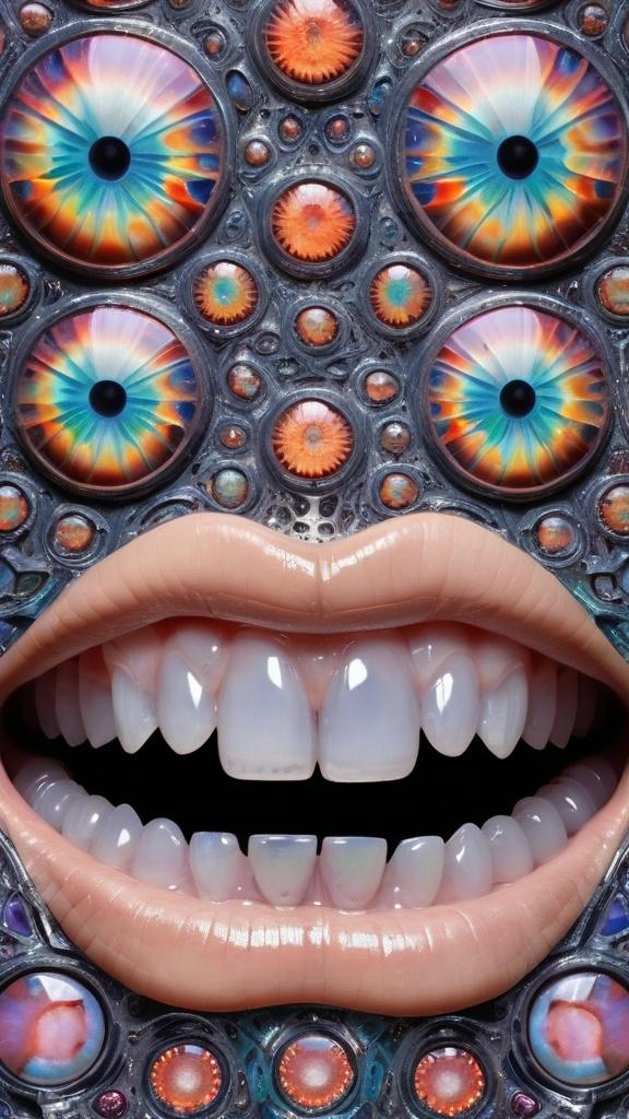 Prompt: Create an extremely hyper-realistic, ultra super textural, weird, trippy, surreal, psychedelic eyes/teeth/mouth pattern/design based on Mandelbrot & “Op Art tiling” with lots of human eyes (crazy colorful compound psychedelic), rows of human teeth, human lips, and tongues. 

- **Colors**: determined by the properties and expressions of the elements (& their isotopes), minerals, and metals: opal, moonstone, Kunzite, selenite, rose quartz, Platinum (Pt)

**Shapes and forms**
- Mandelbrot 
- "Op Art tiling" 
-other shapes determined by the natural properties and expressions of the elements (& their isotopes), minerals, metals, and biological organisms: opal, moonstone, Kunzite, selenite, rose quartz,  Platinum (Pt)


- **Textures**: Derived from any/all elements (& their isotopes), minerals, metals, crystals, organic things mentioned in this prompt: opal, moonstone, Kunzite, selenite, rose quartz, Platinum (Pt)

**Composition and Layout**:
- a pattern/design based on the Op Art tiling & Mandelbrot 

**Lighting**:
- lots of bright light
- Iridescence
- Aventurescence
- Chatoyancy
- Asterism

**Detail and Atmosphere**:
- Extreme hyperrealistic sharp high detail high definition organic and mineral textures
- Psychedelic, weird, odd, surreal atmosphere
- Frozen in time

**Additional Elements**:
- extra rows of teeth, lips, many eyes, Op Art tiling, Mandelbrot, Iridescence
