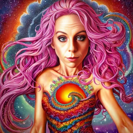 Prompt: Psychedelic art of a woman with pink hair, sun above her head, swirling waves, rainbow-hued sky, Alex Grey, poster art, professional, vibrant colors, swirling patterns, detailed hair, surreal atmosphere, highres, psychedelic, rainbow, sun, intense gaze, artistic, swirling waves, detailed eyes, dreamlike, vibrant lighting