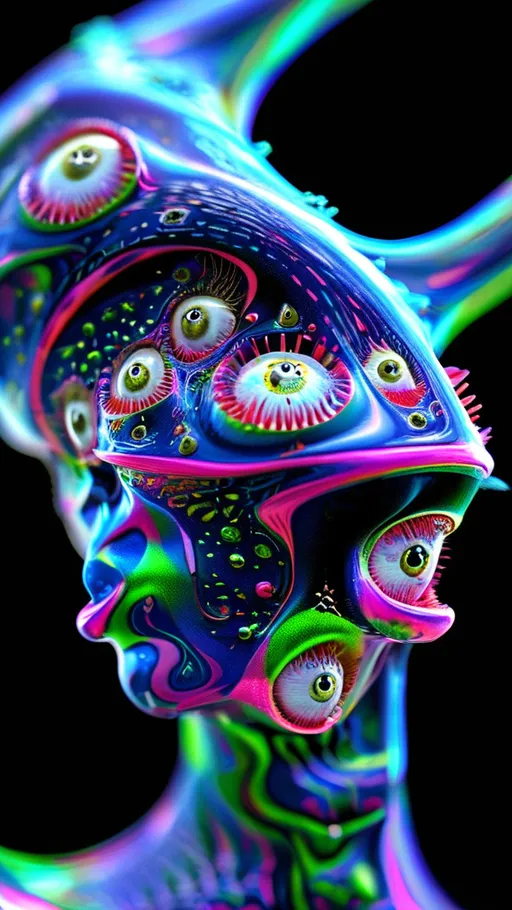 Prompt: an extremely hyper realistic ultra super textural weird trippy surreal psychedelic entity, Cardioid Curves, ,,, translucent, pearlescent finish, silver, pyrite, quartz,, clear, bright vivid teals, blues, pinks/yellows/greens, black charcoal, lots and lots of light, lots of crazy colorful compound psychedelic human eyes, rows of human teeth, fungus,  atoms, diatoms,, Cardioid Curves