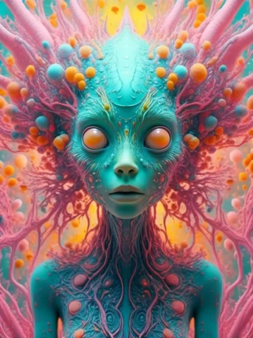 Prompt: <mymodel>an extremely hyper realistic super textural psychedelic entity/creature, trippy, weird, surreal, fractals, multidimensional geometric shapes, eyes, human teeth, lots of light, bright pastel colors, luminous, glowing, extremely textural, pinks, greens, oranges, yellows