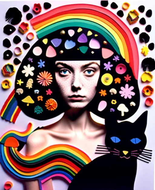 Prompt: <mymodel>Mixed media collage of girl and black cat, long blond very curly hair, solid black cat, mushrooms, rainbows, photographs, magazine paper, thread, cut quilled paper, paint, holographic foil overlay, highres, vibrant, whimsical, mixed media, detailed hair, surreal, colorful, dreamy lighting