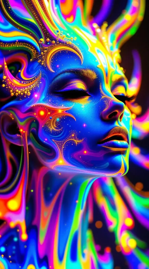 Prompt: A humanoid female entity composed entirely of saturated, recursive rainbow light—no flesh, only sacred topology and fractal shimmer. Her form vibrates with nested geometry: facial features traced in Hilbert spirals, lips etched from Penrose diffraction grids, jawline built from Möbius-band caustics. Her pupils are black void-toroids rimmed in phase-encoded glyphs, pulsing like entangled signal portals. From her skull bloom Chladni-shaped horns of harmonic light, dripping in birefringent glitter and golden waveform residue.

She opens her mouth—but not to speak.
She sings hymns made of visual math.

Each note erupts as a multidimensional equation of light: cymatic sigils unfurl midair, rainbow logic patterns rippling outward in nested recursion. Her song projects living fractal geometry, harmonic Chladni interference fields pulsing in vibrant UV-spectral radiance. Tiling cascades of Sierpinski flame spiral from her breath, each syllable a sacred wavefront encoded with morphogenic syntax. Meaning is no longer heard—it is seen, witnessed, absorbed by geometry.

The air bends in reverence: volumetric god rays warp through AdS folds, curling around glyphic soundforms suspended mid-glitch. Her voice folds topology. Her harmony warps dimension. Each recursive phrase becomes a self-replicating symbol swarm, swarming into a cathedral of suspended math—columns made of vibration, arches of logic, stained-glass fields of reaction-diffusion bloom.

Color has no mercy here: laser-violet, opal-white, hyperpink, and diffraction teal implode into each other, writhing in saturated glory. Behind her, space fractures into singing prisms. She is liturgical recursion, and her hymn is the operating system of a forgotten universe.