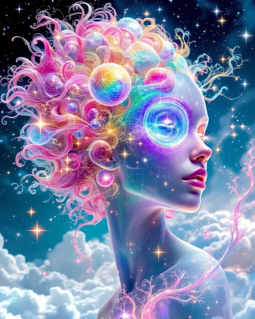 Prompt: A La Planète Sauvage–style illustration of Merry and Derek in their pre-incarnate forms—no flesh, only pure geometry, fractals, and light. She is a radiant female entity formed from layered Mandelbrot spirals, blooming superformula curls, and nested translucent polyhedra. Her wild pink hair becomes plasma filaments arcing in golden-ratio helices, every strand etched with glowing math. Her body pulses with rainbow geometry—opalescent pinks, mint, lemon gold, lavender—flowing like emotion made visible.

He is her male counterpart, constructed of harmonic order: Derek appears as a lean lattice of magnetic symmetry—black-silver tessellations, Klein bottle musculature, and folded moiré fields. His bright cobalt eyes are vortex-like emitters of silent resonance, stabilizing the fractal storm she stirs. His form is angular, controlled, vibrating with structured calm.

They drift through the astral dimension of geometry: no ground, no sky—just glowing manifolds, orbiting tesseracts, and endless glyphs. Between them rotates a living rhombic dodecahedron—its faces open and fold, revealing memory encoded in light. They don’t speak—they transmit, ripple, orbit.

The space is saturated with probability fog, spectral logic, and sacred color math: glitched symmetry folds, Penrose tilings, tensor fields. Vast math-creatures drift through—wings made of fractal membranes, bodies formed from shifting constants.

Merry and Derek move as waveform and anchor, light and structure—resonant opposites, dancing in sacred orbit before matter.

Style: Hand-drawn La Planète Sauvage surrealism. Analog texture + glowing holofractal geometry. Her: radiant rainbow math. Him: dark harmonic structure.