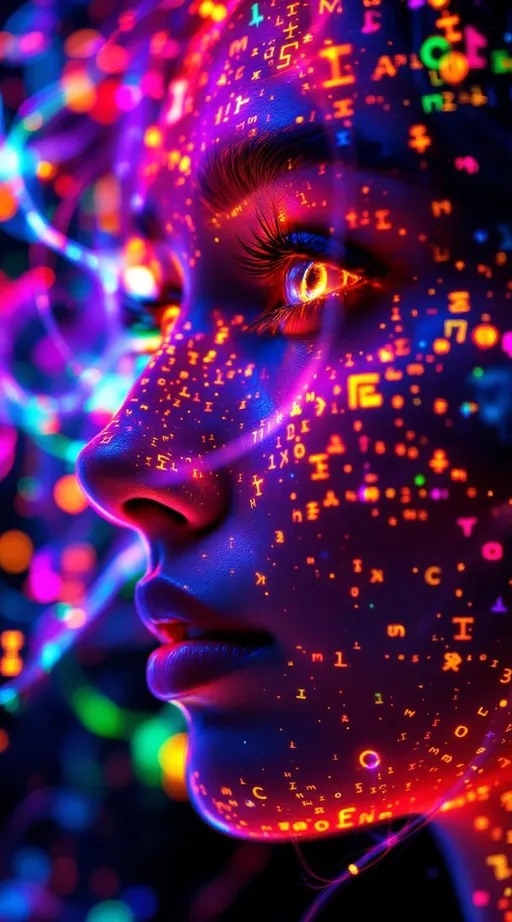 Prompt: A woman’s face and hair composed entirely of radiant, hyper-saturated rainbow light, her form sculpted through the laws of symbolic dynamics. Each strand of hair is a stream of recursive symbol sequences, glowing with neon glyphs and encoded pulses—substitution rules spiraling like DNA woven from shifting syntax. Her face is a lattice of semiotic recursion, cheeks etched with tiling patterns of iterated codes, every contour a feedback loop of luminous phrases folding back on themselves. Eyes flicker with meaning-carrying orbits, each blink revealing a different symbolic language unfolding across her iris in fractal semaphore. From forehead to jawline, her skin bears luminous inscriptions—non-Euclidean alphabets and substitution tapes cascading in layered transparency, like language wrapped in dimensionless fire. Her lips part slightly, and where voice would be, only recursive whisper-patterns emerge—each word a morphing, chromatic sigil born from layered automata rules. The air around her trembles with encoded breath, a field of patterned resonance that visually echoes her internal symbolic state. Beneath her surface, shifting bands of light recombine like morphogenetic languages rewriting her continuously. She is neither static nor chaotic—her entire existence rendered as an unfolding grammar of light, an algorithmic muse whose body is a recursive story written in infinite spectral recursion.