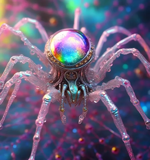 Prompt: <mymodel>extremely hyperrealistic extremely high textural beautiful female sentient spider entity, arachnid woman,8 eyes, humanoid, human woman with spider features, lots of light, extreme organic textures, white, translucent, bright pastel colors, oil slick rainbow sheen effect, silver, chrome, crystals, 
Arachnid, cephalothorax, abdomen, pedipalps, chelicerae, fangs, spinnerets, silk glands, book lungs, tracheae, 