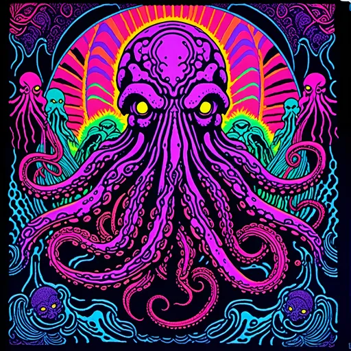 Prompt: <mymodel>Vintage blacklight poster of Cthulhu, tentacles, lovecraftian, eldritch, 70s style, tribal design, psychedelic colors, intricate tentacles, cosmic background, high quality, detailed illustration, blacklight style, 70s vintage, cosmic, intricate details, vibrant colors, psychedelic, tribal design, retro, atmospheric lighting