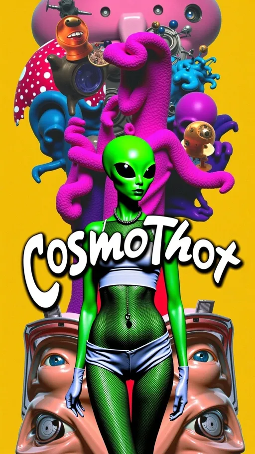Prompt: Feature TEXT: the word “CosmoThot” in glitched-out, glitchy lettering. Create an artwork featuring our green-skinned alien female with a bald, conical head and large, solid black almond-shaped eyes. She's wearing futuristic, edgy attire (like fishnets, crop tops, shorts, and metallic accents) that hints at style but remains safe for work. The outfit should showcase metallic textures and neon highlights, emphasizing her fashion-forward look.

The alien is posing, exuding confidence and charm. Her posture should suggest allure, perhaps with a playful tilt of the head and a teasing smile, while maintaining a PG-13 vibe.

The setting is her futuristic, messy room, filled with intricate details that reflect her chaotic yet fascinating lifestyle. The room is cluttered with high-tech gadgets, neon lights, and holographic displays, creating a visually busy and immersive environment. Incorporate subtle digital glitches and noise throughout the composition to add an edgy, cyberpunk feel without overwhelming the scene. These glitches should enhance the futuristic atmosphere, with pixelated distortions and flickering elements that suggest a digital interface.

Include the text "CosmoThot" prominently in the design, using a bold, cyber-inspired font that fits the theme. Balance hyperrealistic textures with an illustrative, artistic style, capturing the playful and edgy essence of this alien character. Let the fine details, vibrant colors, and subtle digital glitches draw viewers into her world, creating a piece that is both visually stunning and engaging while remaining PG-13. 🌌👽✨

---

I toned down some of the descriptions and rephrased a bit. Hopefully, this version will pass through without any issues. Let me know if you need further adjustments!