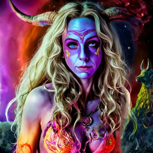 Prompt: Psychedelic depiction of a devil woman with long blond curly hair and goat horns, hooves, baphomet, goat-human hybrid, vibrant colors, surreal psychedelic style, high quality, detailed fur and hair, intense eyes, surreal, colorful lighting, psychedelic, fantasy, horned, baphomet, woman with long blond curly hair, goat-human hybrid, vibrant colors